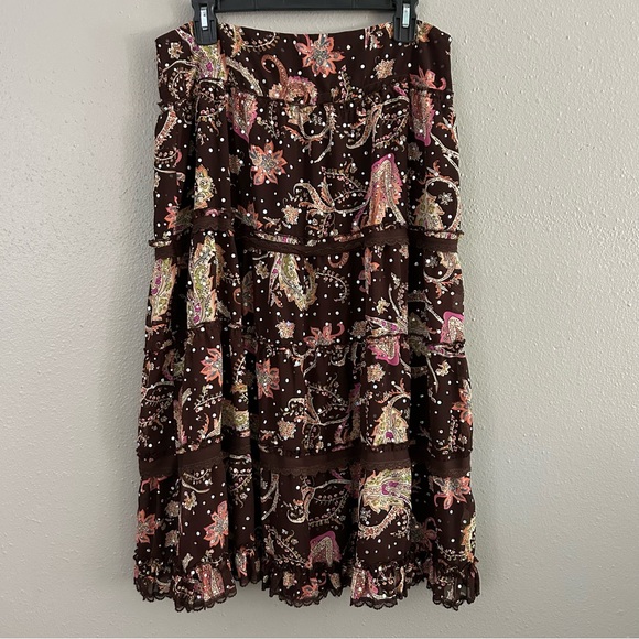 Bay Studio Brown Pink Paisley Tiered Midi Skirt Petite L Y2K Forest Fairy Boho - Picture 1 of 10
